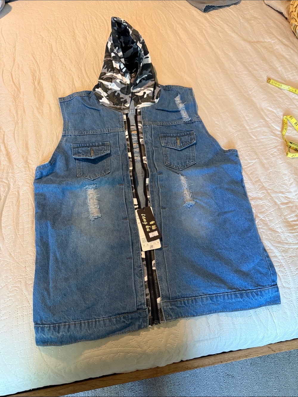 Denim Vest with Camo Hood - Blue